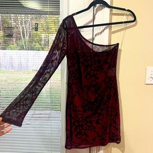 Red & Black One Sleeve Mini Dress - Mesh - Size Medium